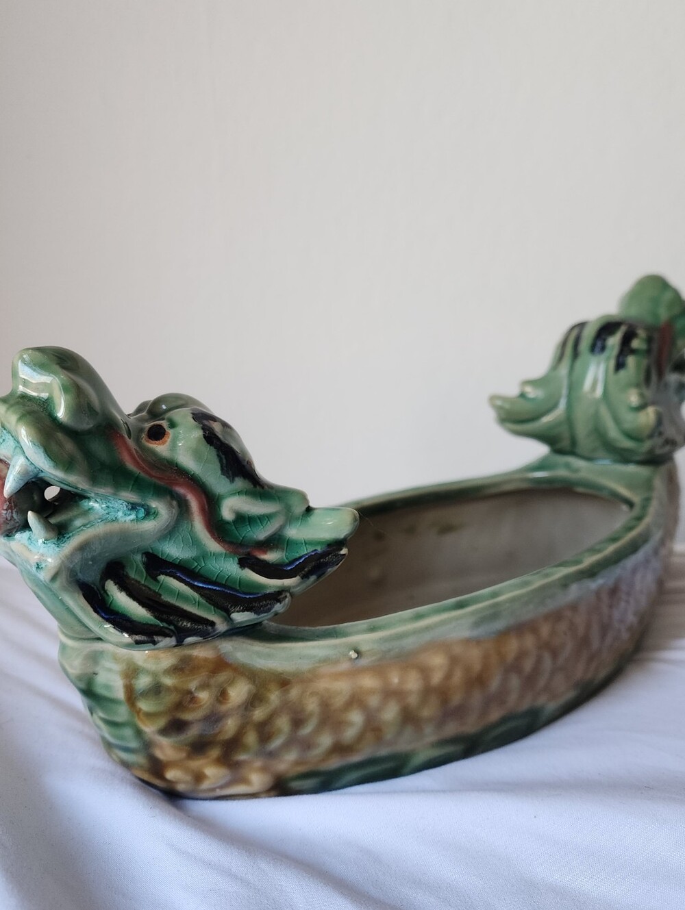 Vintage Majolica Chinese Ceramic Double Dragon w/ Pearl Planter Glossy Jade